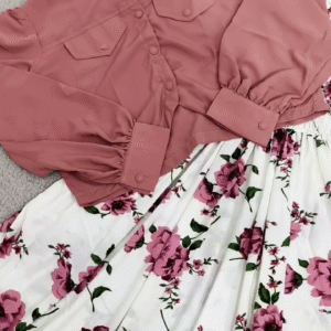 Elegant Dusty Pink Shirt with Floral Flare Skirt