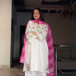 Elegant White Floral Suit with Pink Dupatta