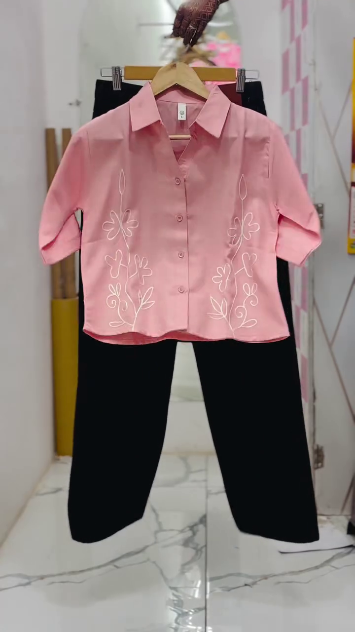 Soft Pink Embroidered Shirt with Classic Black Bottom - Image 3
