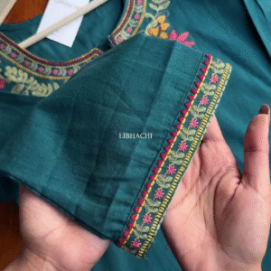 Intricate Floral Embroidery Detailing on Teal Ethnic Wear