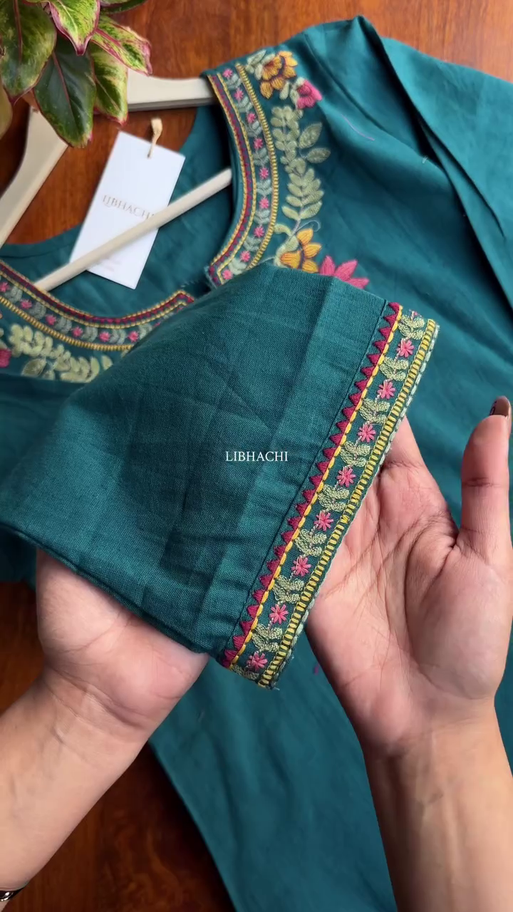 Intricate Floral Embroidery Detailing on Teal Ethnic Wear