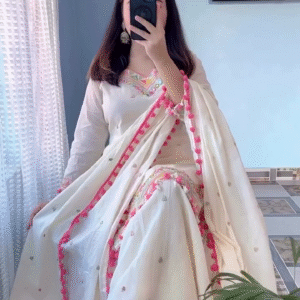 Ivory Mirror Work Kurta with Vibrant Pom-Pom Detailing