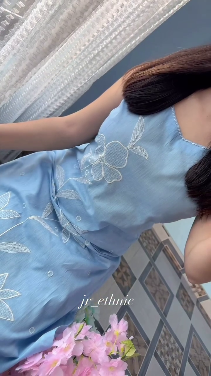 Serene Sky Blue Floral Embroidered Suit Set for Elegant Daywear - Image 4