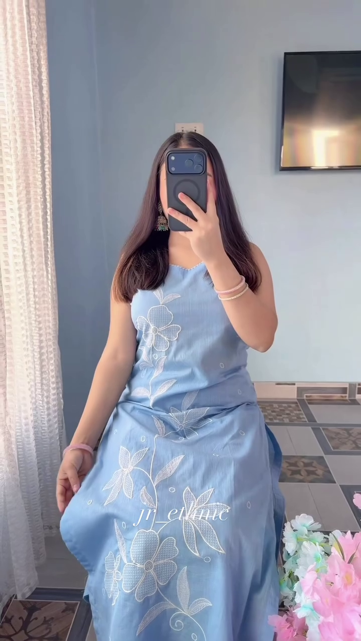 Serene Sky Blue Floral Embroidered Suit Set for Elegant Daywear - Image 2