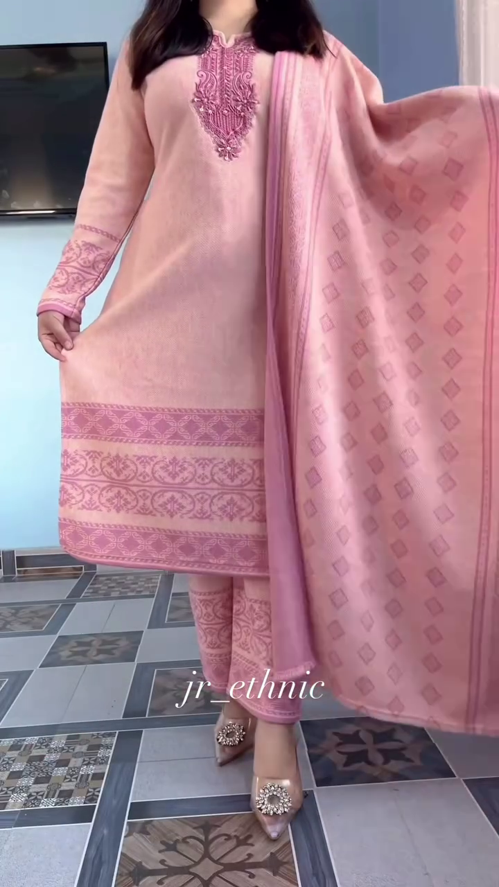 Soft Peach Traditional Suit with Intricate Woven Borders - Image 6