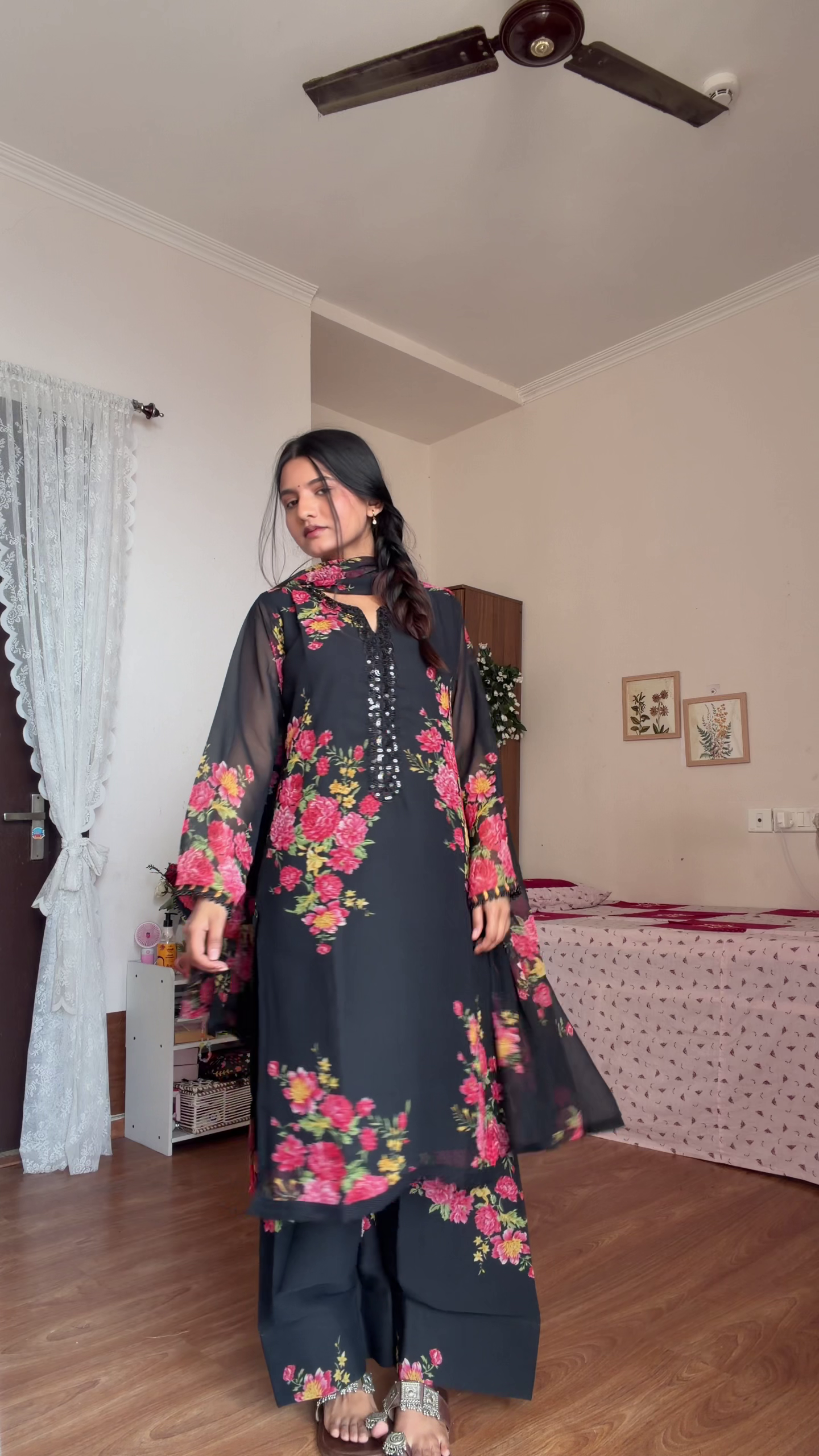 Classic Black Floral Printed Anarkali for Bold Elegance