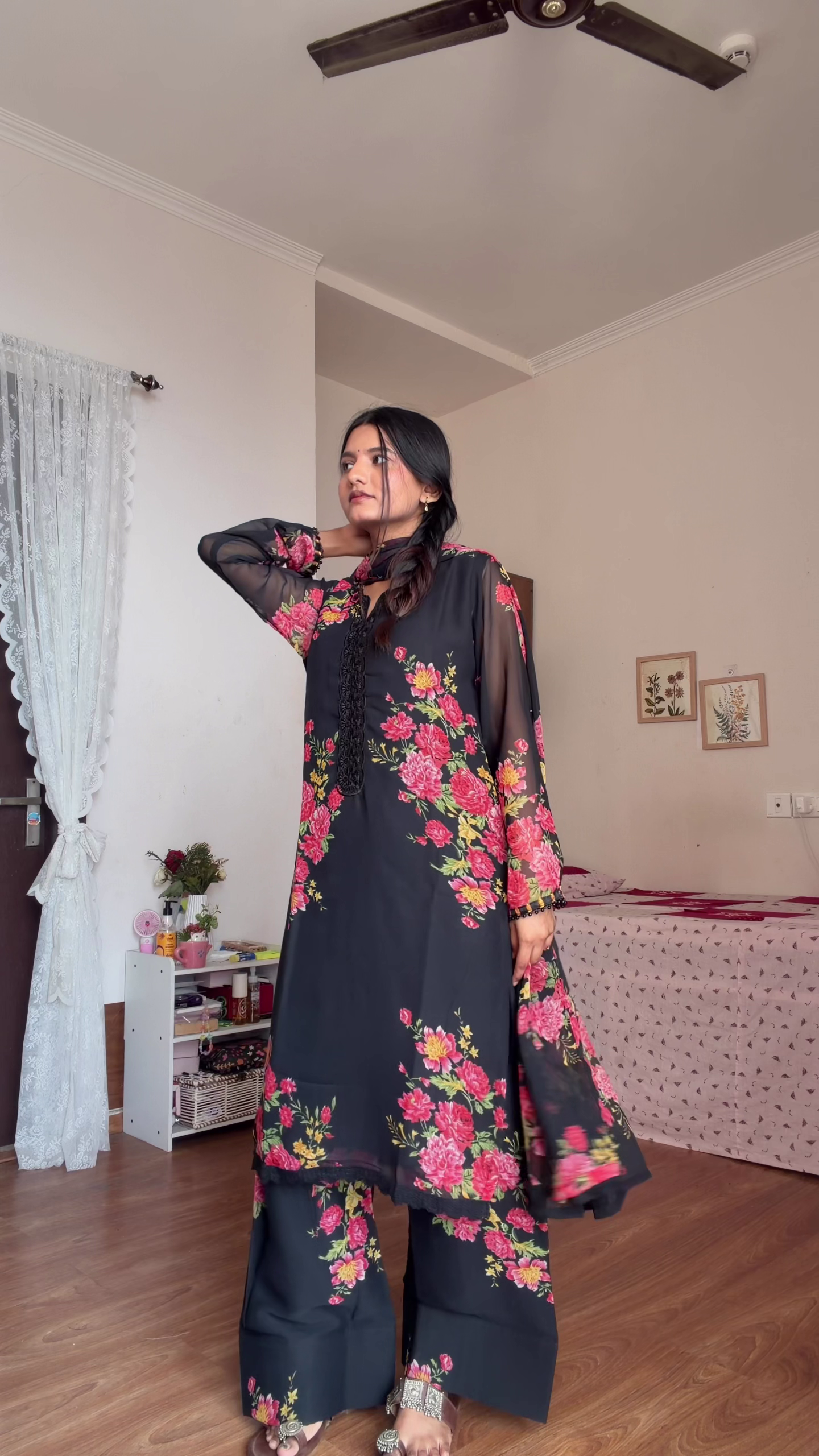 Classic Black Floral Printed Anarkali for Bold Elegance - Image 8