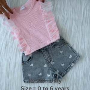 Cute Kids Fashion Set – Pink Top and Denim Shorts Outfit for Girls